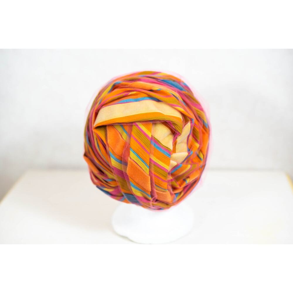 Vintage 60s Bright Colorful Christian Dior Hat, Turban Tulle Chapeaux Cloche - Picture 11 of 12